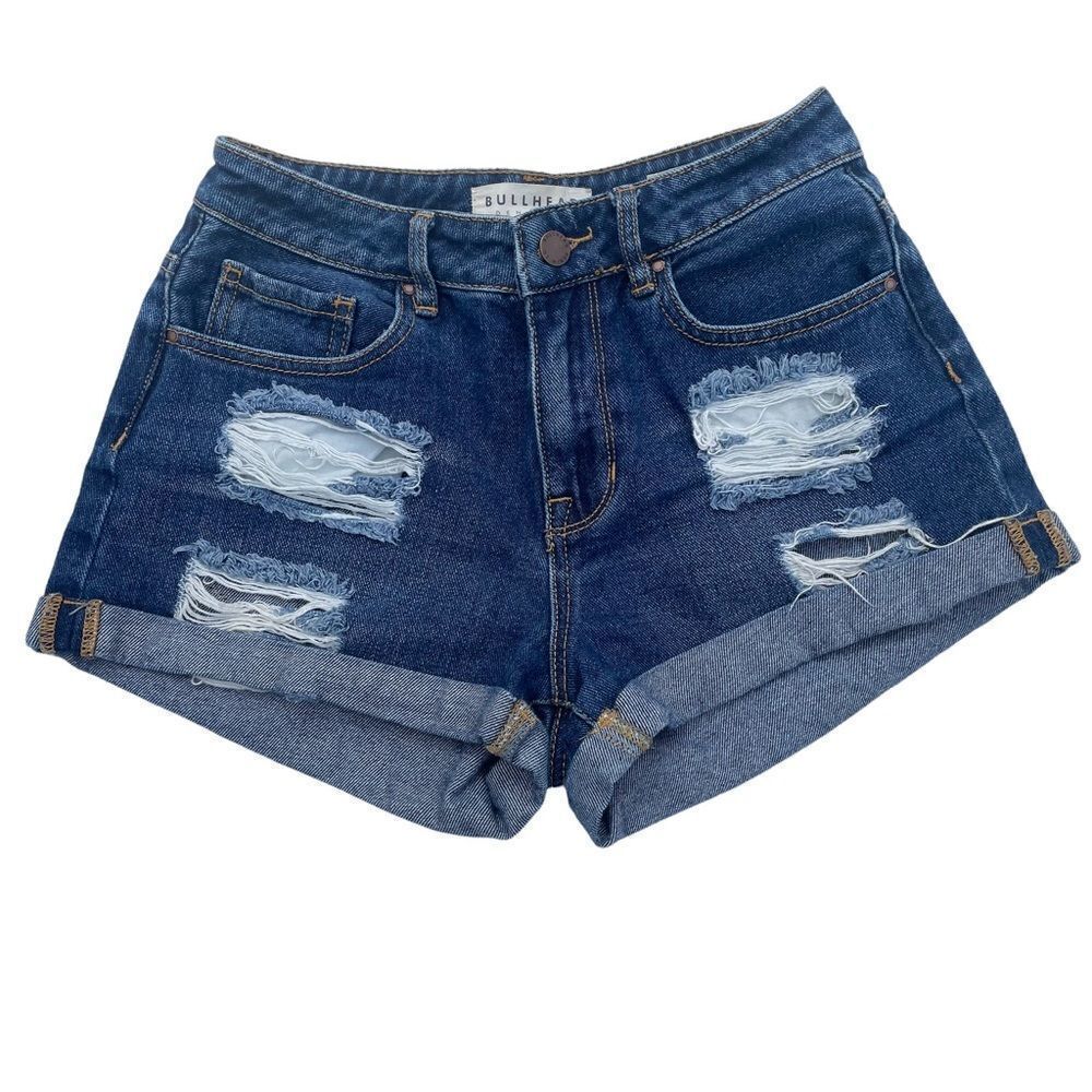 BULLHEAD Denim Shorts Blue Jean High Rise Distressed Cuffed Shorties Women 25